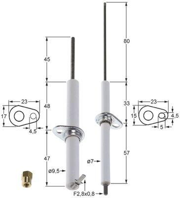 Tændelektrode L1 80/45mm Tilslutning F2,8x0,8 D1 ø 7/9,5mm FL 23mm FB 15/17mm Sæt VPE 2