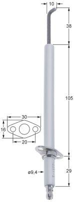 Tændelektrode L1 38mm L2 10mm Flangetilslutning D1 ø 94mm FL 30mm FB 16mm BA 20mm EL1 105mm