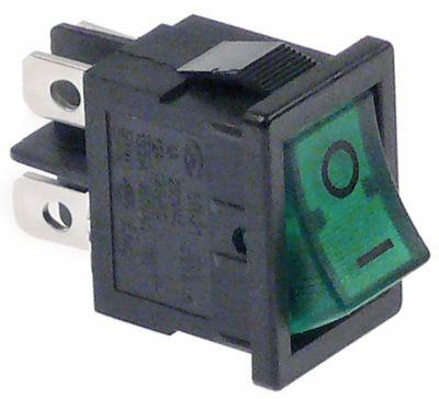 Vippekontakt Indbygningsmål 19x13mm grøn 2NO 250V Tilslutning Fladstik 4,8mm 0-I 13A belyst