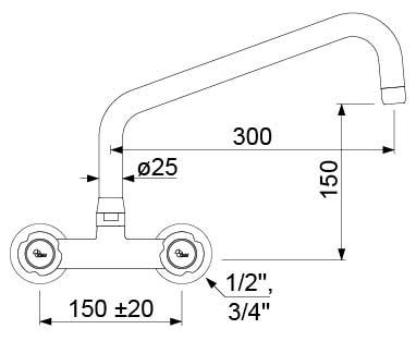 Vægbatteri INOX Greb Fedtkammeroverdel Armatur Væg Udløbslængde 300mm Tilslutning 1/2