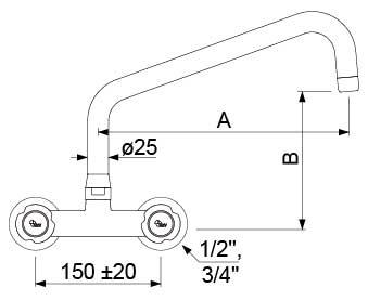Vægbatteri INOX Greb Fedtkammeroverdel Armatur Væg Udløbslængde 400mm Tilslutning 1/2