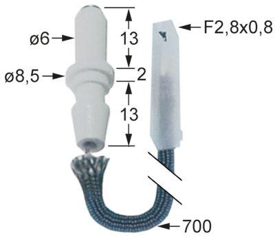 Tændelektrode til klemning Tilslutning F 2,8x0,8mm Kabellængde 700mm D1 ø 6mm D2 ø 85mm EL1