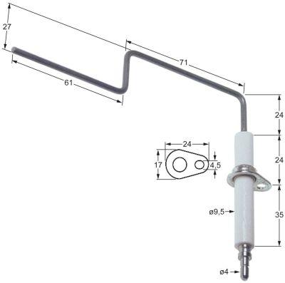 Tændelektrode L1 24mm L2 71mm L3 27mm L4 61mm med flange D1 ø 95mm FL 24mm FB 17mm EL1 24mm