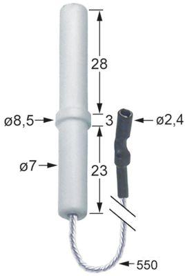 Tændelektrode til klemning Tilslutning F2,8x0,8 Kabellængde 550mm D1 ø 7mm D2 ø 85mm EL1 29mm