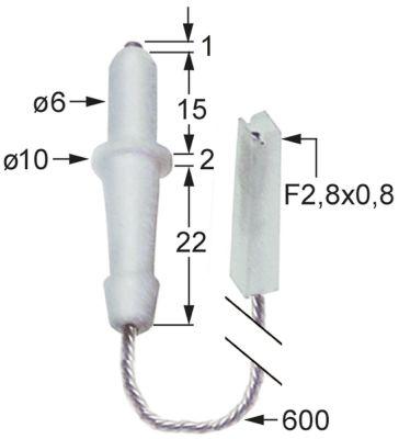 Tændelektrode L1 1mm til klemning Tilslutning F 2,8x0,8mm Kabellængde 600mm D1 ø 6mm