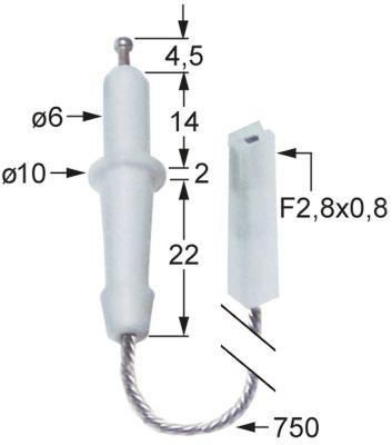 Tændelektrode L1 45mm Tilslutning F 2,8x0,8mm Kabellængde 750mm D1 ø 6mm D2 ø 10mm EL1 14mm