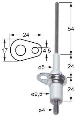 Tændelektrode L1 54mm med flange D1 ø 5mm D2 ø 95mm FL 24mm FB 17mm A1/B13/C2 EL1 24mm
