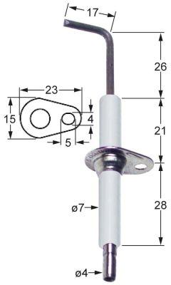 Tændelektrode L1 26mm L2 17mm med flange D1 ø 7mm FL 23mm FB 15mm EL1 21mm EL2 28mm