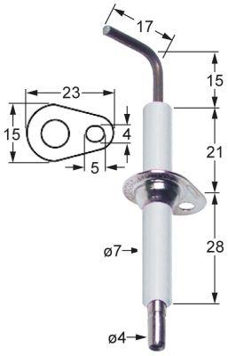 Tændelektrode L1 15mm L2 17mm med flange D1 ø 7mm FL 23mm FB 15mm EL1 21mm EL2 28mm