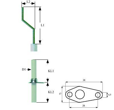 Tændelektrode L1 100mm L2 30mm L3 26mm med flange Tilslutning F 4,8x0,8mm Kabellængde 1300mm