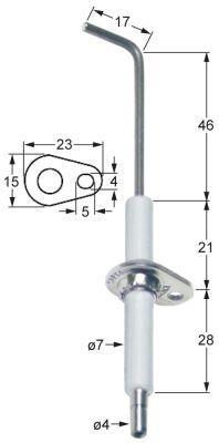 Tændelektrode L1 46mm L2 17mm med flange D1 ø 7mm FL 23mm FB 15mm EL1 21mm EL2 28mm