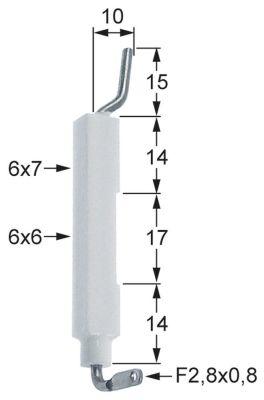 Tændelektrode L1 15mm L2 10mm til klemning Tilslutning F 2,8x0,8mm D1 ø 6x7mm D2 ø 6x6mm