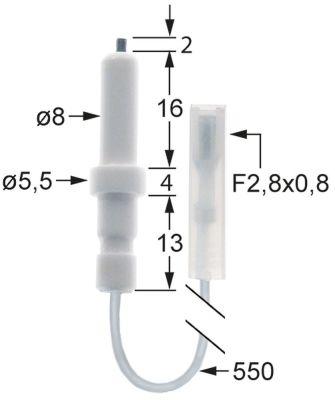 Tændelektrode L1 2mm Tilslutning F 2,8x0,8mm Kabellængde 550mm D1 ø 55mm D2 ø 8mm EL1 16mm
