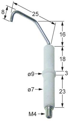 Tændelektrode L1 16mm L2 25mm L3 8mm til klemning Tilslutning M4 D1 ø 7mm D2 ø 9mm EL1 18mm