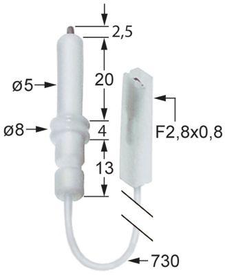 Tændelektrode L1 25mm Tilslutning F 2,8x0,8mm Kabellængde 730mm D1 ø 5mm D2 ø 8mm EL1 20mm