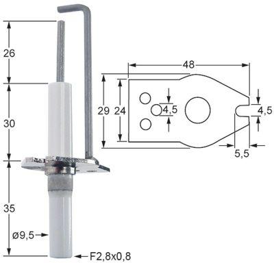 Tændelektrode L1 26mm med flange Tilslutning F 2,8x0,8mm D1 ø 95mm FL 48mm