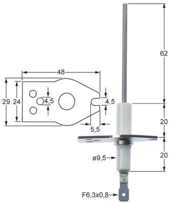 Tændelektrode L1 62mm med flange Tilslutning F6,3x0,8 D1 ø 95mm FL 48mm EL1 20mm