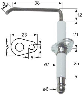 Tændelektrode L1 12mm L2 38mm L3 8mm med flange D1 ø 7mm FL 23mm FB 15mm EL1 21mm EL2 25mm