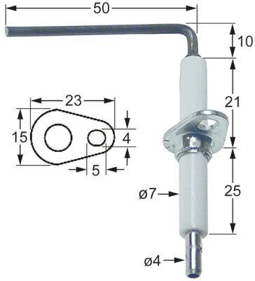 Tændelektrode L1 10mm L2 50mm med flange D1 ø 7mm FL 23mm FB 15mm EL1 21mm EL2 25mm