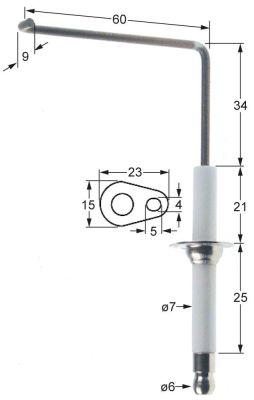 Tændelektrode L1 34mm L2 60mm L3 9mm med flange D1 ø 7mm FL 23mm FB 15mm EL1 21mm EL2 25mm
