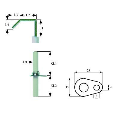 Tændelektrode L1 34mm L2 60mm L3 9mm med flange D1 ø 7mm FL 23mm FB 15mm EL1 21mm EL2 25mm