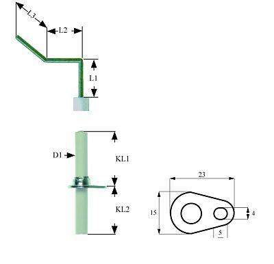 Tændelektrode L1 42mm L2 36mm L3 12mm med flange D1 ø 7mm FL 23mm FB 15mm EL1 21mm EL2 25mm
