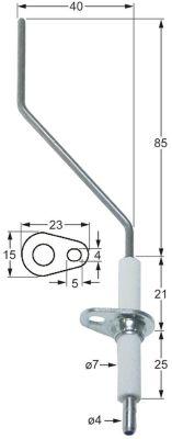 Tændelektrode L1 85mm L2 40mm med flange D1 ø 7mm FL 23mm FB 15mm EL1 21mm EL2 25mm