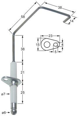 Tændelektrode L1 38mm L2 58mm L3 38mm L4 14mm med flange D1 ø 7mm FL 23mm FB 15mm EL1 21mm
