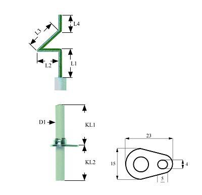 Tændelektrode L1 33mm L2 49mm L3 33mm L4 35mm med flange D1 ø 7mm FL 23mm FB 15mm EL1 21mm