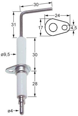 Tændelektrode L1 31mm L2 30mm med flange D1 ø 95mm FL 24mm FB 17mm EL1 30mm EL2 28mm