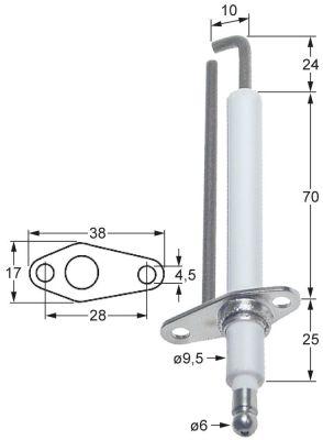 Tændelektrode L1 24mm L2 10mm med flange D1 ø 95mm FL 38mm FB 17mm BA 28mm med jordkontakt EL1 7