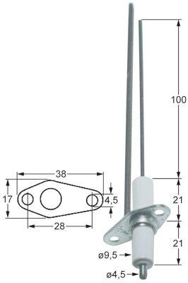 Tændelektrode L1 100mm med flange Tilslutning M4 D1 ø 95mm FL 38mm FB 17mm BA 28mm med jordkontakt