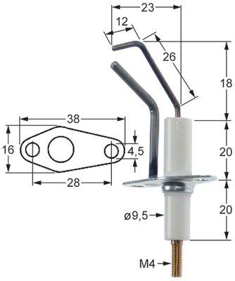 Tændelektrode L1 18mm L2 23mm L3 12mm L4 26mm med flange Tilslutning M4 D1 ø 95mm FL 38mm
