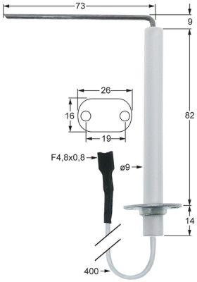 Tændelektrode L1 9mm L2 73mm med flange Tilslutning F 4,8x0,8mm Kabellængde 400mm D1 ø 9mm