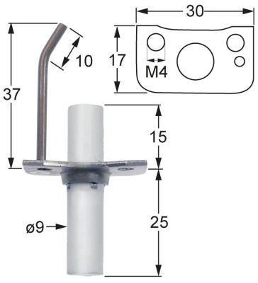 Tændelektrode L1 37mm L2 10mm med flange D1 ø 9mm FL 30mm FB 17mm med jordkontakt EL1 15mm EL2 2