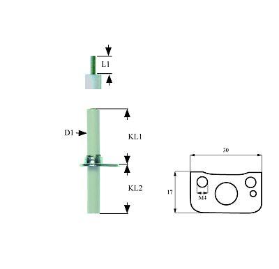 Tændelektrode L1 37mm L2 10mm med flange D1 ø 9mm FL 30mm FB 17mm med jordkontakt EL1 15mm EL2 2