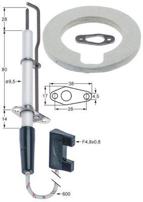 Tændelektrode L1 28mm med flange Tilslutning F 4,8x0,8mm Kabellængde 600mm