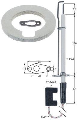 Tændelektrode L1 27mm med flange Tilslutning F 2,8x0,8mm Kabellængde 600mm