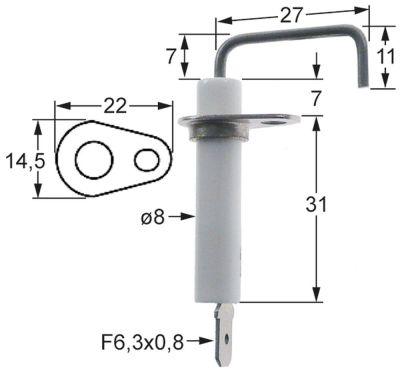 Tændelektrode L1 30mm L2 7mm Flange Tilslutning Fladstik 6,3 mm D1 ø 8mm FL 22mm