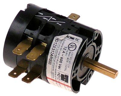Drejeomskifter 12A Akse ø 5x5mm Akselængde 23mm Tilslutning Fladstik 6,3 mm 600V 0-1-2