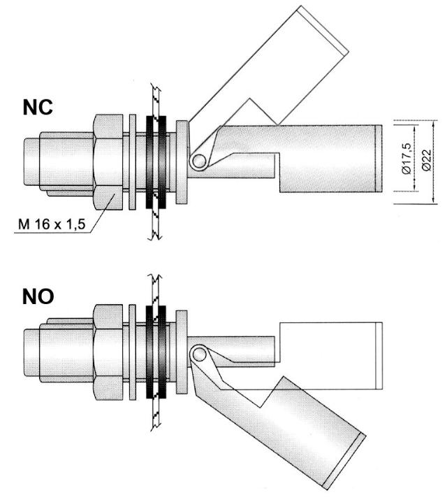 Svømmekontakt Gevind M16x1,5 1NO eller 1NC ø 175mm 250V Kabellængde 2000mm L 92mm Indbygning ø 