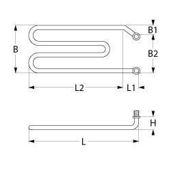 Varmelegeme 2000W 230V L 260mm L1 110mm L2 150mm B1 42mm B2 83mm 2-huls fastgørelse Tilslutning M4