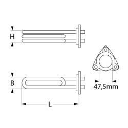 Varmelegeme 2400W 230V L 215mm 3-hulsflange Tilslutning Fladstik 6,3 mm Rør ø 65mm VK 1
