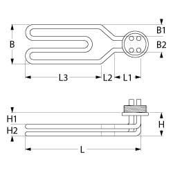 Varmelegeme 1500W 230V L 295mm L1 45mm L2 45mm L3 205mm B1 34mm B2 26mm H1 20mm H2 7mm