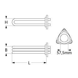 Varmelegeme 8000W 230V L 375mm 3-hulsflange Tilslutning M4 Rør ø 6mm VK 3 LA 73mm H 42mm