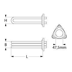 Varmelegeme 6000W 230V L 370mm 3-hulsflange Tilslutning Fladstik 6,3 mm Rør ø 85mm VK 3