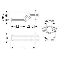 Varmelegeme 2600W 230V L 360mm L1 49mm L2 51mm L3 260mm H1 130mm H2 25mm 2-huls flange