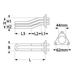 Varmelegeme 2700W 230V L 390mm L1 25mm L2 60mm L3 295mm H1 30mm H2 21mm 3-hulsflange