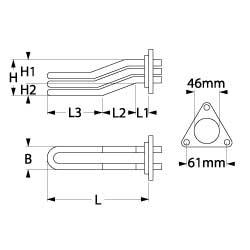Varmelegeme 2600W 230V L 375mm L1 28mm L2 62mm L3 285mm H1 25mm H2 31mm 3-hulsflange