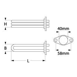 Varmelegeme 3000W 230V L 325mm 2-huls flange Tilslutning M3 Rør ø 8mm VK 2 LA 58mm H 28mm